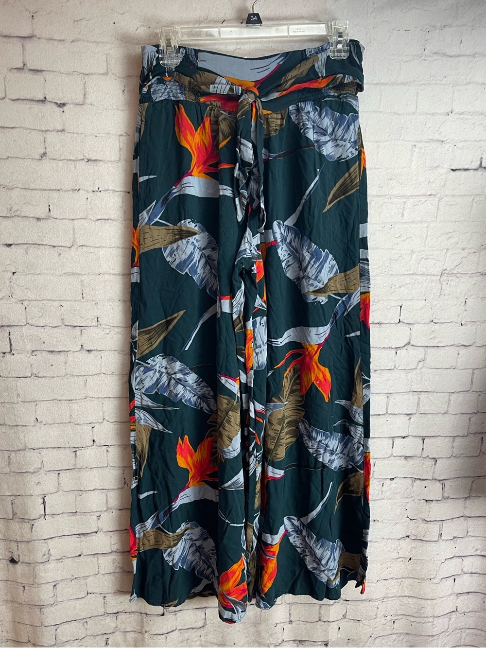 Patrons of peace size small palazzo pants dark teal with bird of paradise print